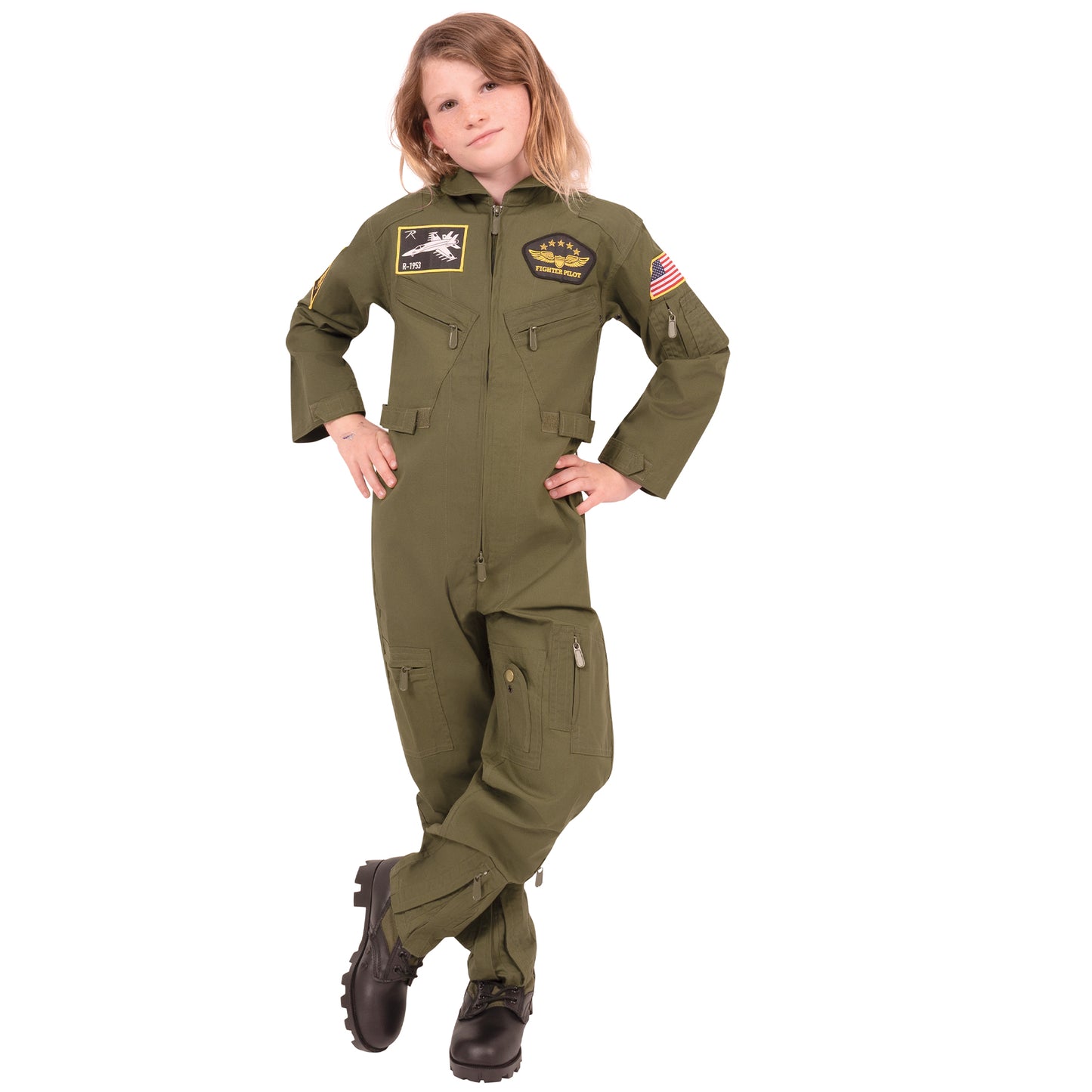 Kid Flight Coverall With Patches - Olive Drab